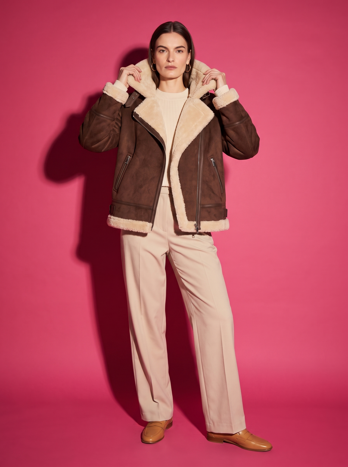 Margot Shearling Aviator Jacket in Chocolate