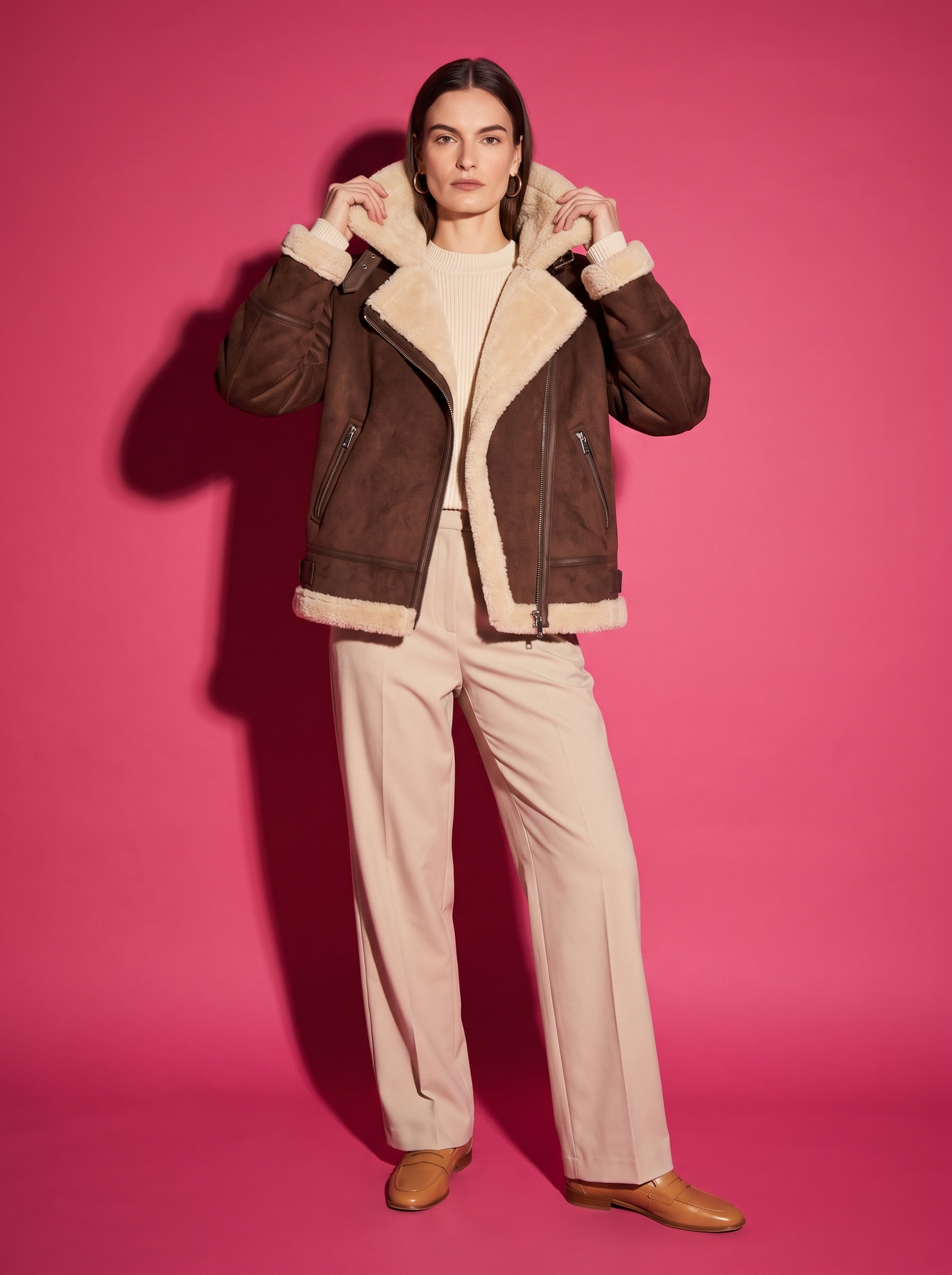 Margot Shearling Aviator Jacket in Chocolate