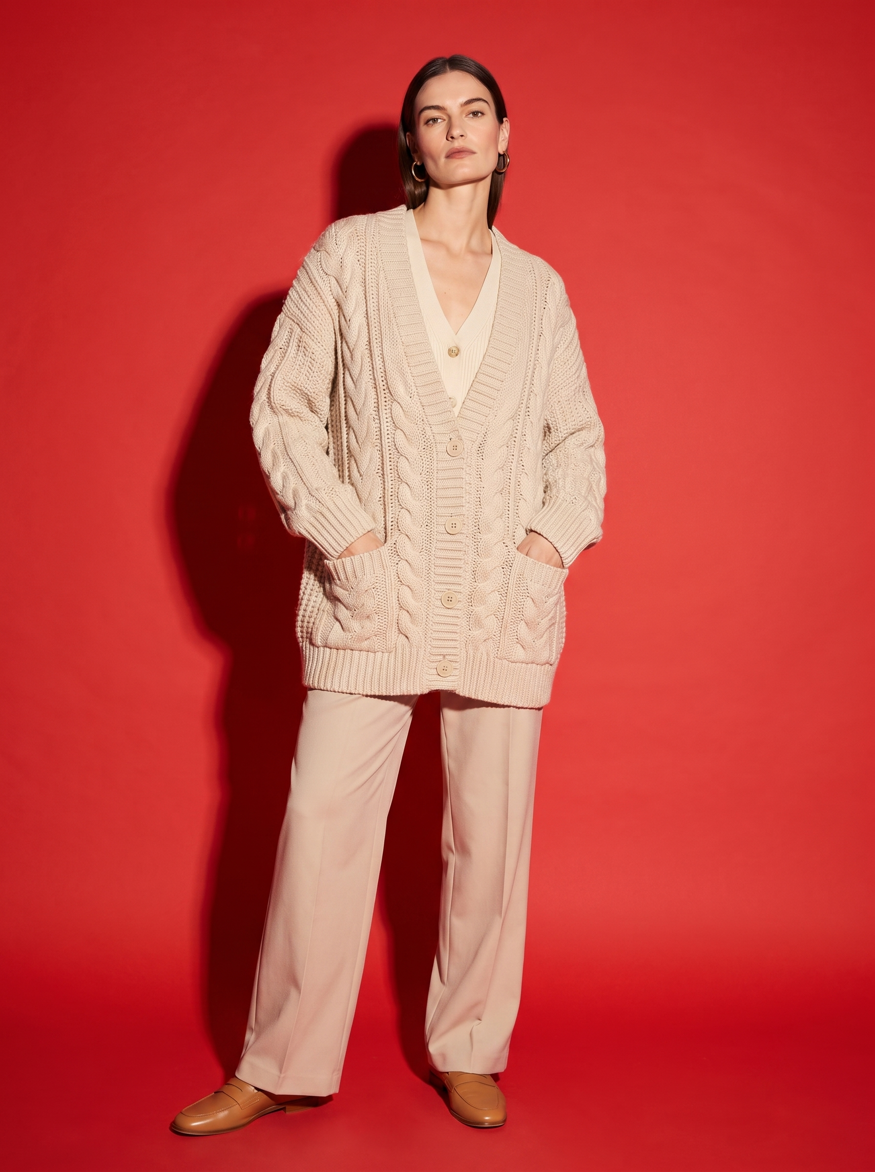 Simone Cable Knit Cardigan in Oatmeal