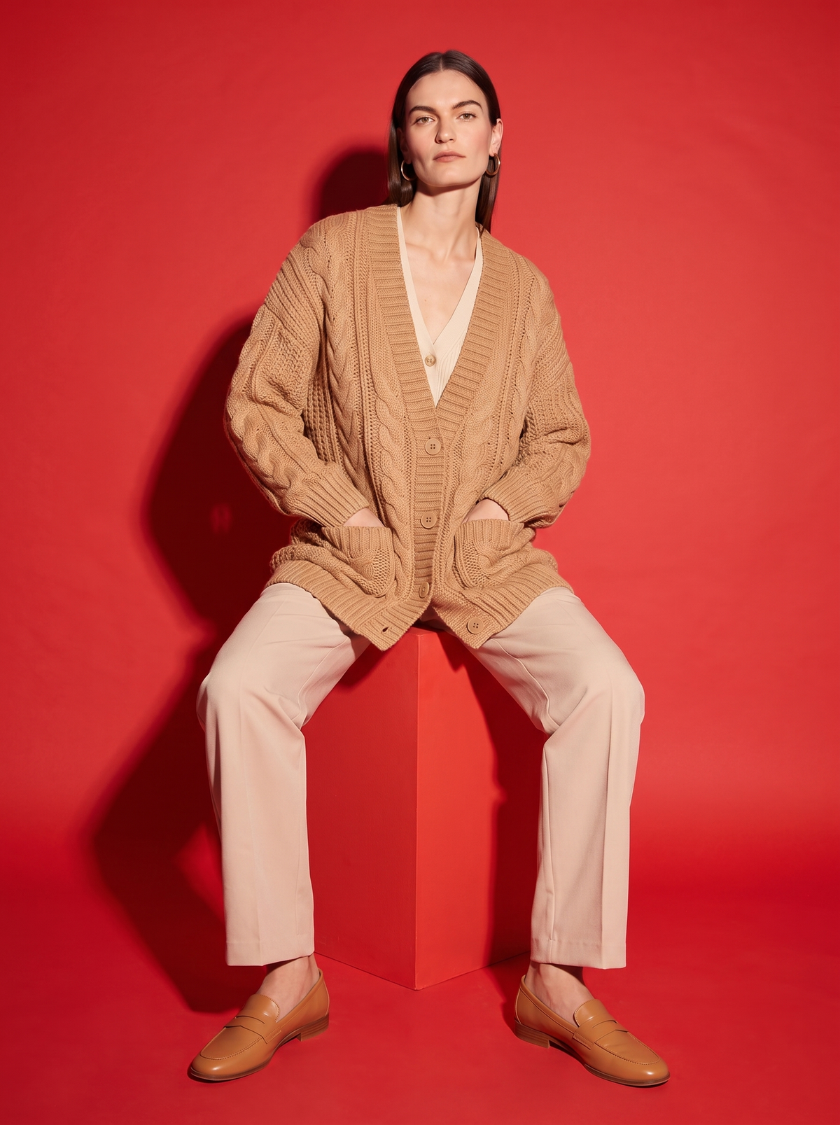 Simone Cable Knit Cardigan in Camel