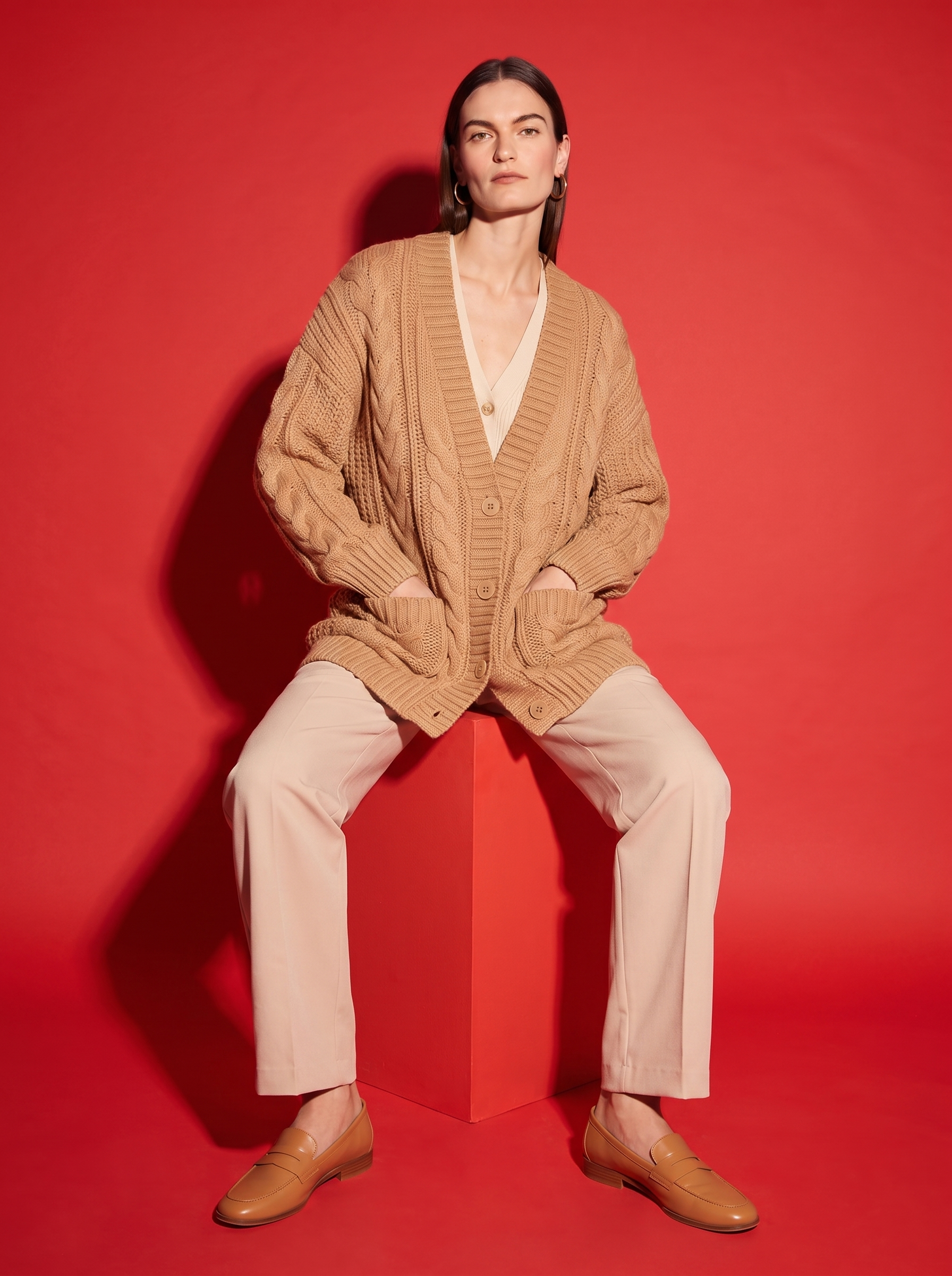 Simone Cable Knit Cardigan in Camel