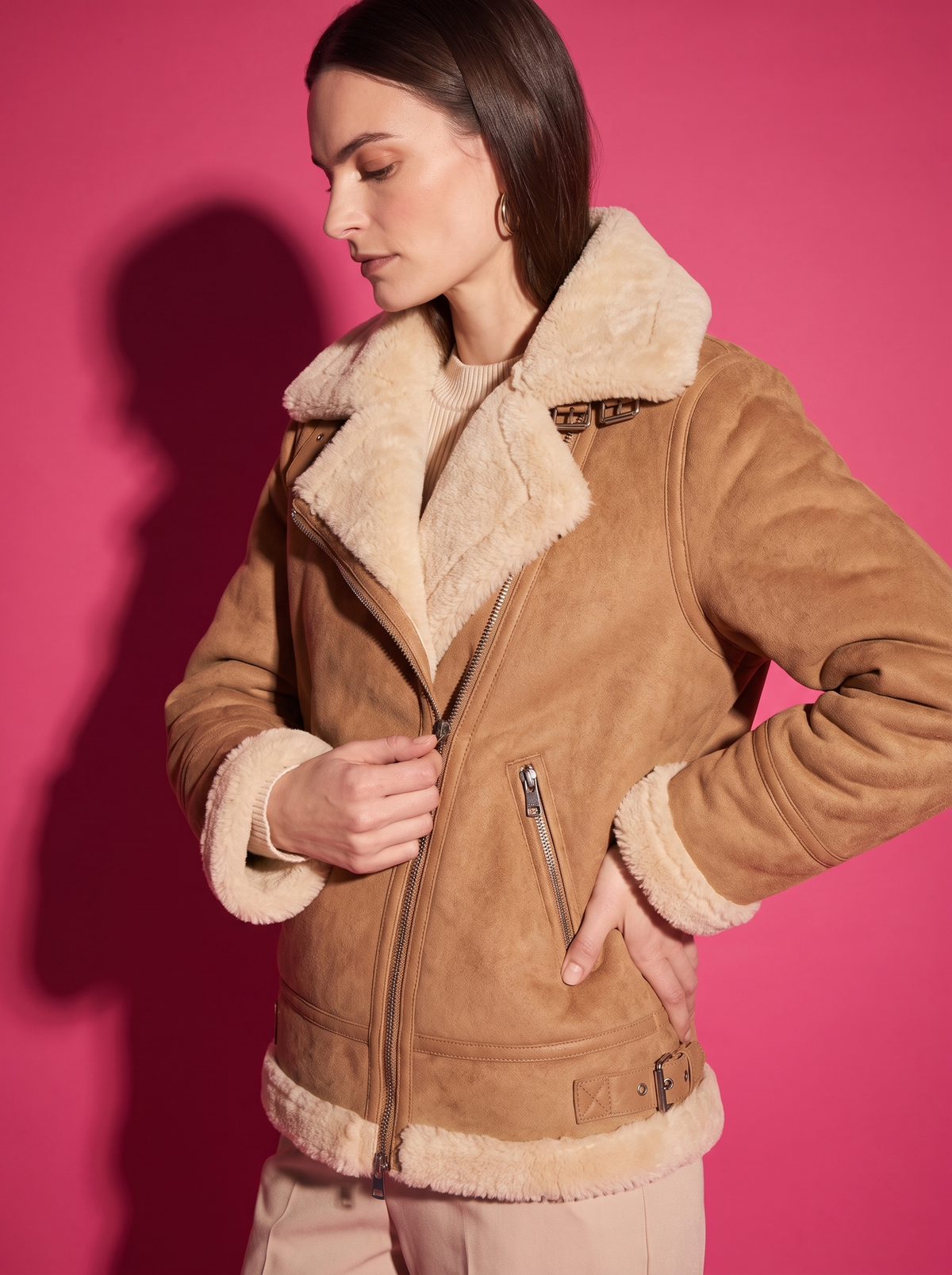 Margot Shearling Aviator Jacket in Tan